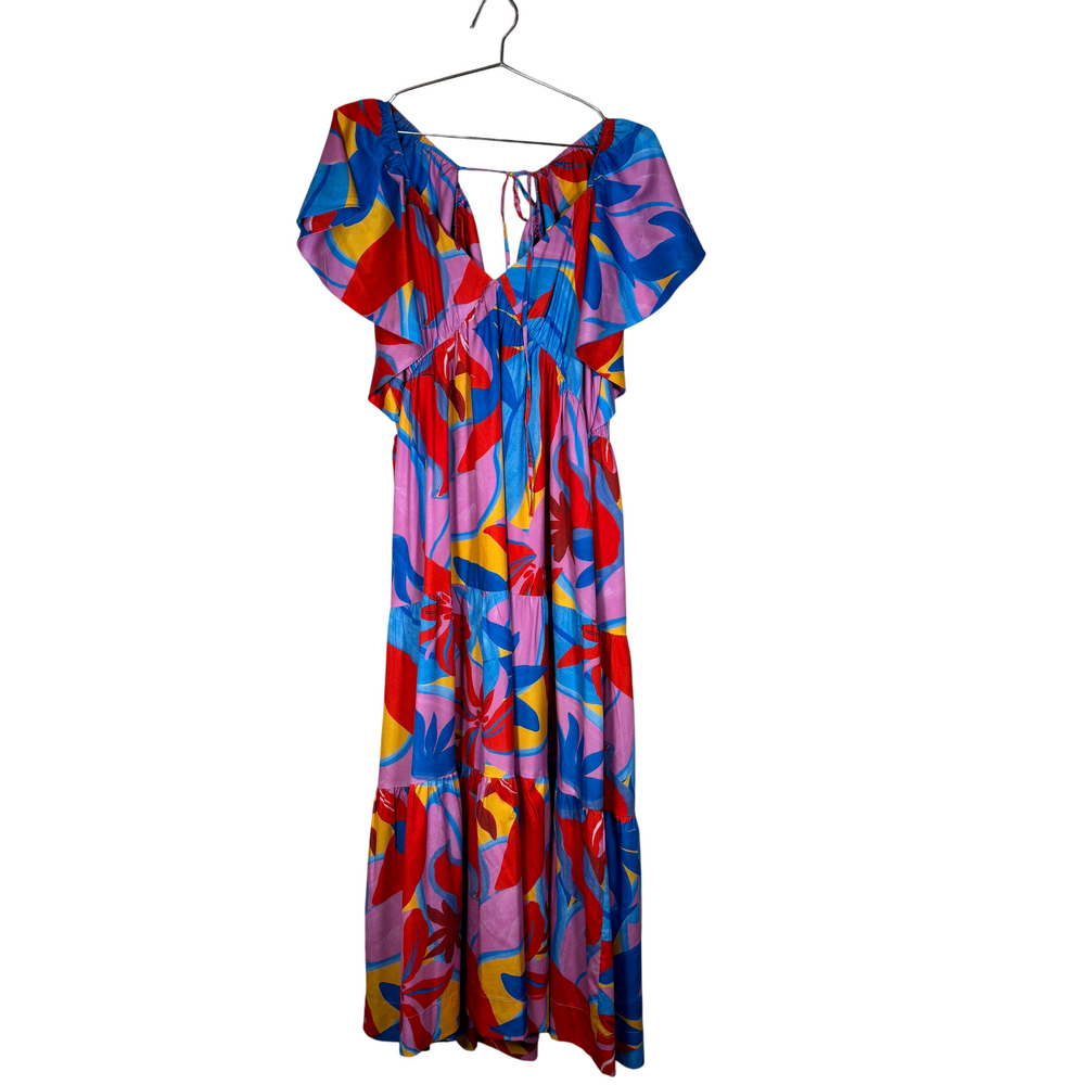 Adelyn Rae multicolor abstract print maxi dress with flutter sleeves, tie neckli